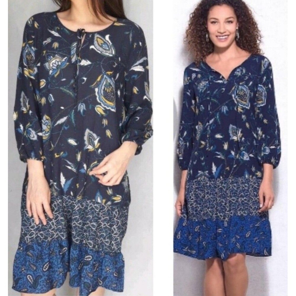 NWT Westport 1962 Women’s Dress Medium Blue Paisley 3/4 Sleeve Relaxed Fit Boho